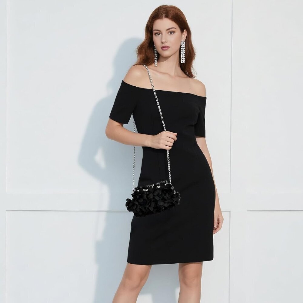 Women Elegant Satin Clutch Bag with Detachable Chain Small Floral Evening Purse - Picture 5 of 7
